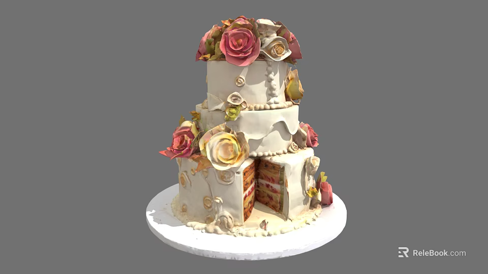 Three Tiered Decorative Cake With Rose Flowers Cream And Layered Interior On White Base 3d model 