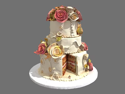 Three Tiered Decorative Cake With Rose Flowers Cream And Layered Interior On White Base 3d model