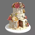 Three Tiered Decorative Cake With Rose Flowers Cream And Layered Interior On White Base