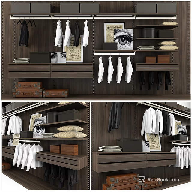 Neat Wooden Walk in Closet With Hanging White Shirts Black Coats And Storage Solutions 3d model 