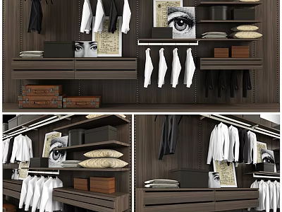 Neat Wooden Walk in Closet With Hanging White Shirts Black Coats And Storage Solutions 3d model