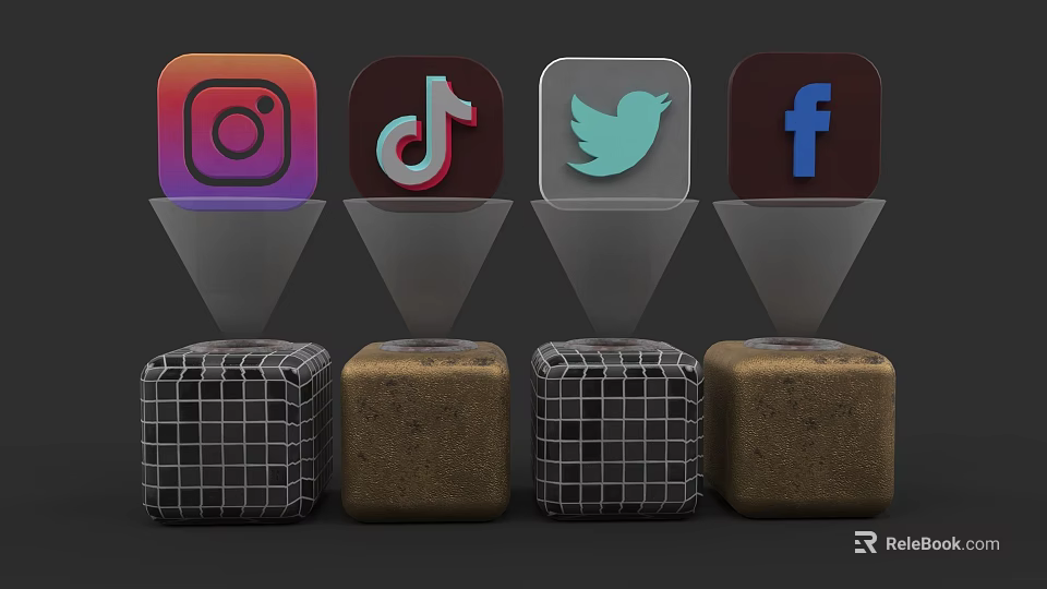 Social Media Icons Including Instagram TikTok Twitter Facebook With Grid And Brown Cubes 3d model 