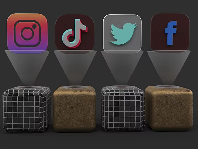 Social Media Icons Including Instagram TikTok Twitter Facebook With Grid And Brown Cubes 3d model