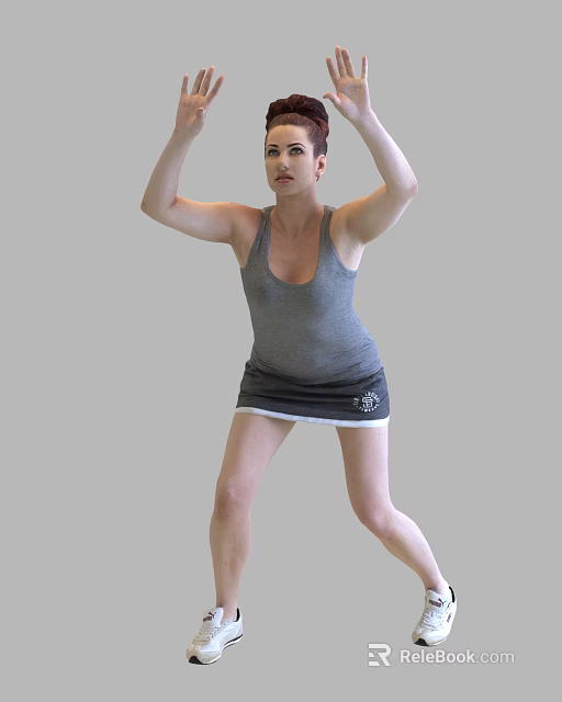 Fit Woman Doing Squats In Gray Tank Top And Short Skirt 3d model 