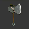 3D Model Axe with White Blade Orange Handle Crossed Brown Straps and Transparent Ring
