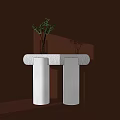 Minimalist White Console Table With Column Structure And Green Plant Decoration 3d model