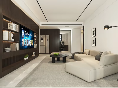 Modern Minimalist Living Room Interior With Cozy Sectional Sofa And Built In TV Wall Storage 3d model