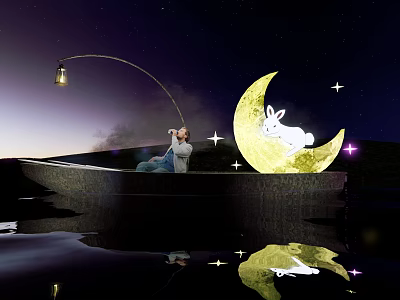 Enchanting Decorative Light Hanging Over Boat with Crescent Moon Rabbit and Starry Night Water Reflection 3d model