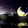 Enchanting Decorative Light Hanging Over Boat with Crescent Moon Rabbit and Starry Night Water Reflection