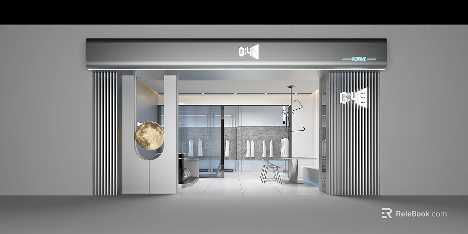 Modern Clothing Store With Glass Entrance Stylish Interior And Moon Decoration 3d model 