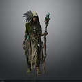Traditional Tribal Character Wearing Feather Headdress And Glowing Staff With Mossy Attire