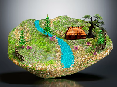 Cartoon Scenic Landscape with Rolling Hills Blue Stream Wooden Cottage Pine Trees Fence and Flowers 3d model