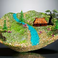 Cartoon Scenic Landscape with Rolling Hills Blue Stream Wooden Cottage Pine Trees Fence and Flowers