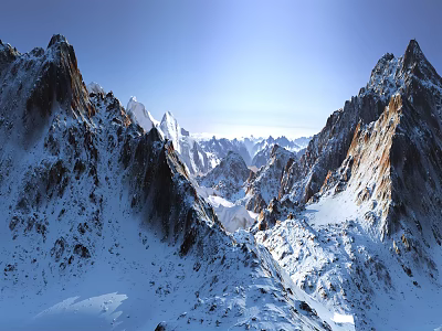 Scenic Garden Landscape With Snowy Mountain Peaks And Snow Covered Mountain Slopes 3d model