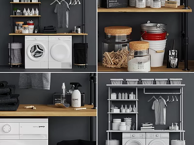 Functional Storage Shelves With Washing Machine Storage Jars Cleaning Supplies And Hanging Clothes 3d model