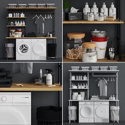 Functional Storage Shelves With Washing Machine Storage Jars Cleaning Supplies And Hanging Clothes 3d model