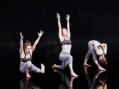 Three Women Performing Various Dance Poses In Activewear On Black Background With Floor Reflections 3d model