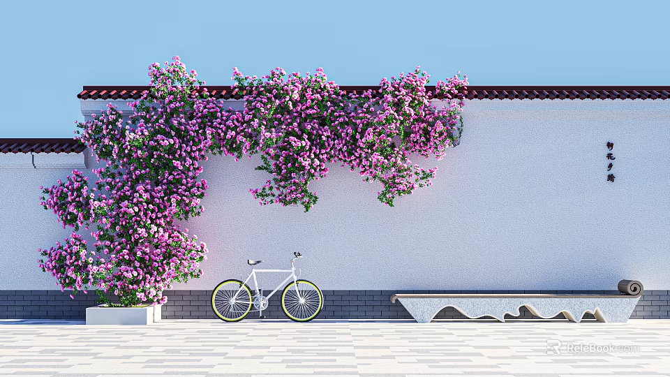 Outdoor Vertical Garden with Purple Flowers on White Wall and White Bicycle 3d model 