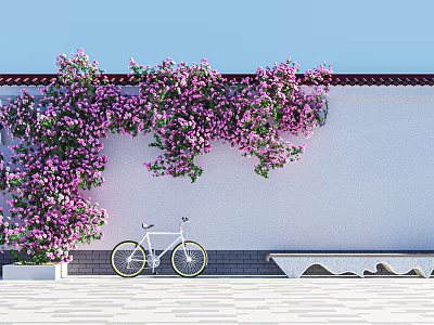 Outdoor Vertical Garden with Purple Flowers on White Wall and White Bicycle 3d model