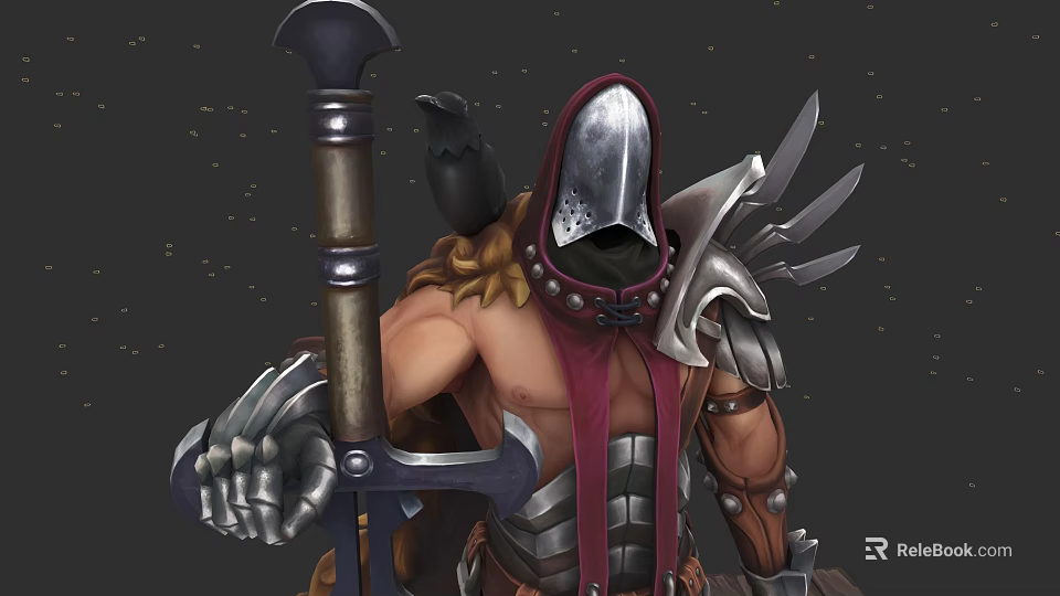 Fantasy Warrior Character With Metal Helmet Red Cape Spiked Shoulders Muscular Build And Large Sword 3d model 