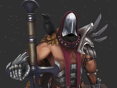 Fantasy Warrior Character With Metal Helmet Red Cape Spiked Shoulders Muscular Build And Large Sword 3d model