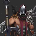 Fantasy Warrior Character With Metal Helmet Red Cape Spiked Shoulders Muscular Build And Large Sword