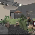 Industrial Style Bar Interior With Exposed Pipes Round Lights Green Plants And Projection Screen