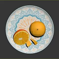 Fresh Oranges Whole Sliced And Segments On Decorative Blue White Pattern Plate