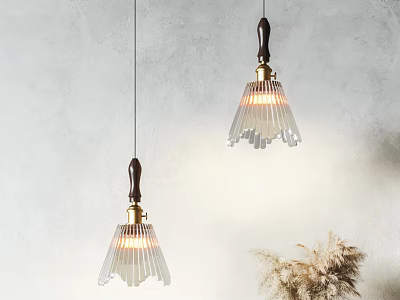 Illuminated Pendant Lights With Wooden Handles And Transparent Striped Shades Against Gray Wall 3d model