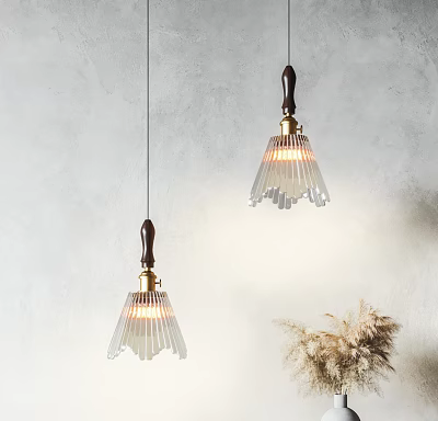Illuminated Pendant Lights With Wooden Handles And Transparent Striped Shades Against Gray Wall 3d model