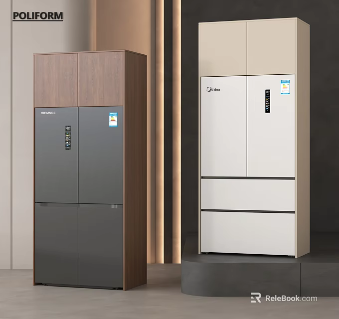 Modern Home Refrigerator Freezer With Dark Gray Wood Grain And White Multi Door Design 3d model 