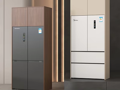 Modern Home Refrigerator Freezer With Dark Gray Wood Grain And White Multi Door Design 3d model
