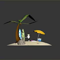Tropical Beach Landscape With Palm Tree Surfboard Yellow Umbrella And Sand