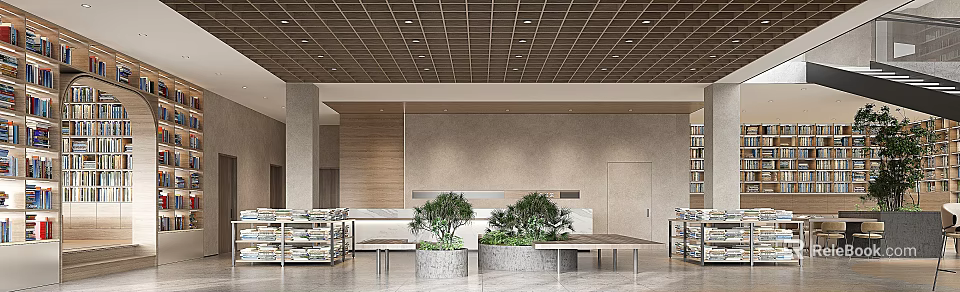 Modern Retail Store Interior With Grid Ceiling Wooden Walls And Green Plants In Stone Planters 3d model 