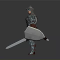 Medieval Armored Man Standing on Stone Pavement With Sword and Shield