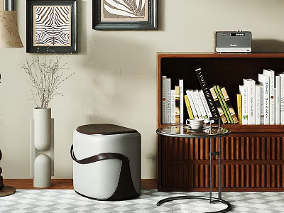 Cozy Lounge Room With Bookshelf Stool And Side Table 3d model