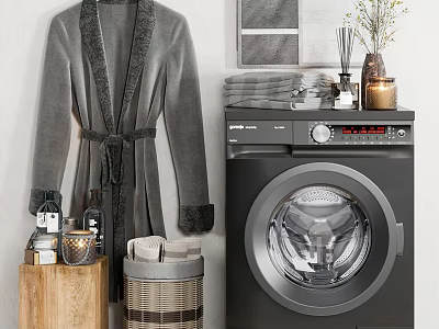 Black Front Loading Washing Machine with Gray Bathrobe Towels and Wicker Laundry Basket 3d model