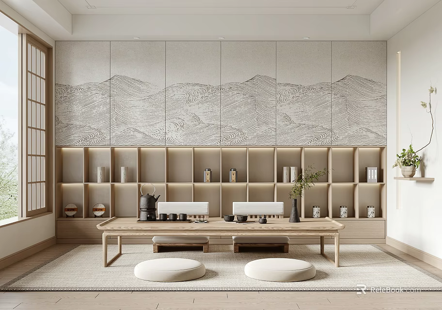 Serene Tea Room Interior With Mountain Pattern Wall Wooden Shelves Tea Sets And Round Cushions 3d model 