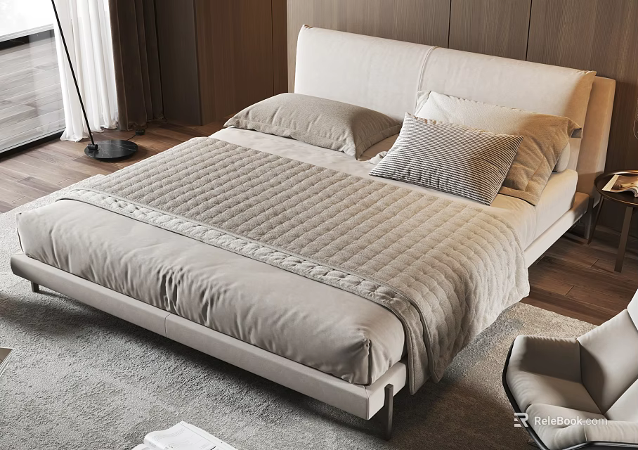 Modern Double Bed With Upholstered Headboard Quilted Bedding And Wooden Floor 3d model 