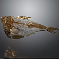 Artistic Golden Fish Skeleton Display On Dark Background With Reflection