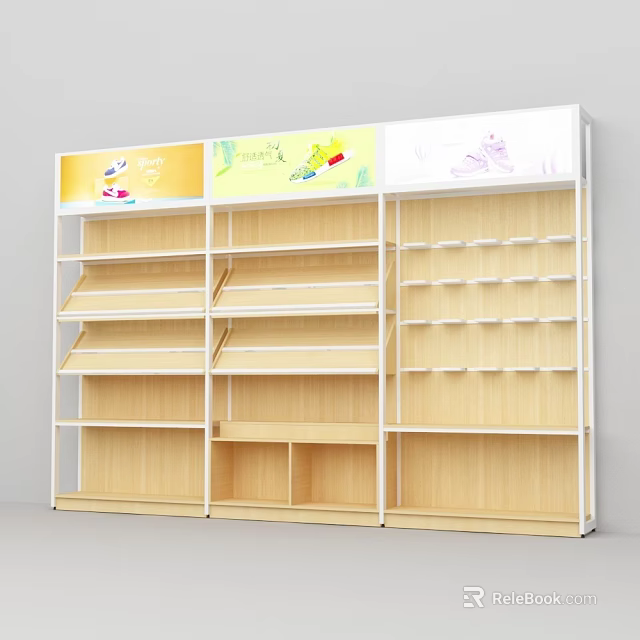 Wooden Display Shelves With White Frame And Multiple Open Layers For Retail 3d model