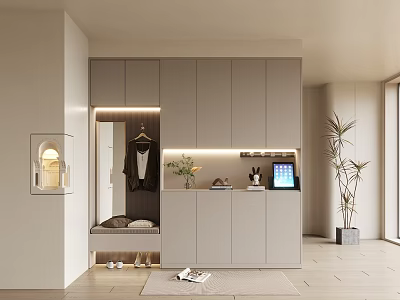 Lighted Modern Gray Shoe Cabinet With Clothing Rack Storage Bench And Plants 3d model