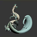3D Fantasy Dragon Sculpture With Light Blue White Body Green Horns And Wave Shaped Base