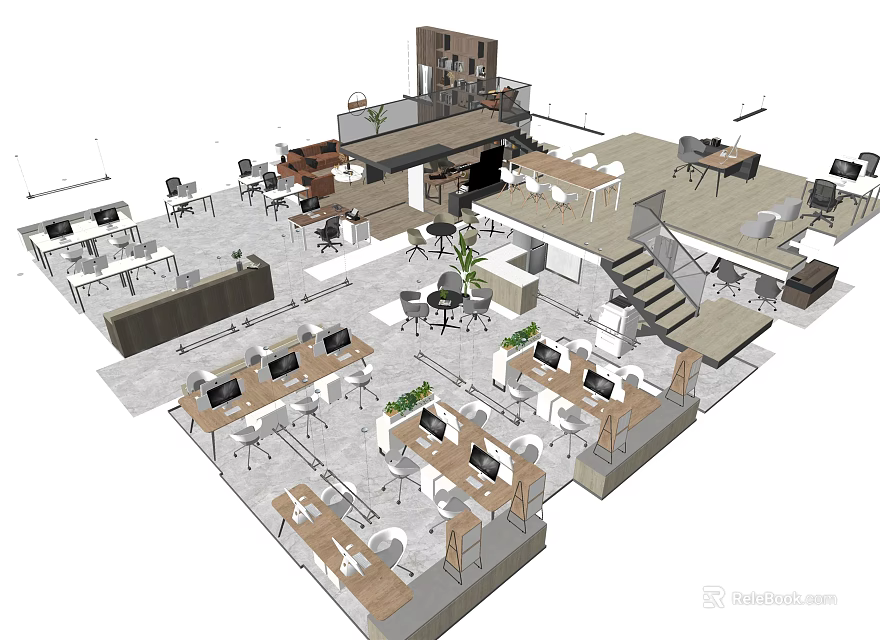 Modern Public Office Space With Open Layout Desks Computers Plants And Lounge Area 3d model 