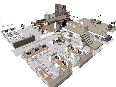 Modern Public Office Space With Open Layout Desks Computers Plants And Lounge Area 3d model