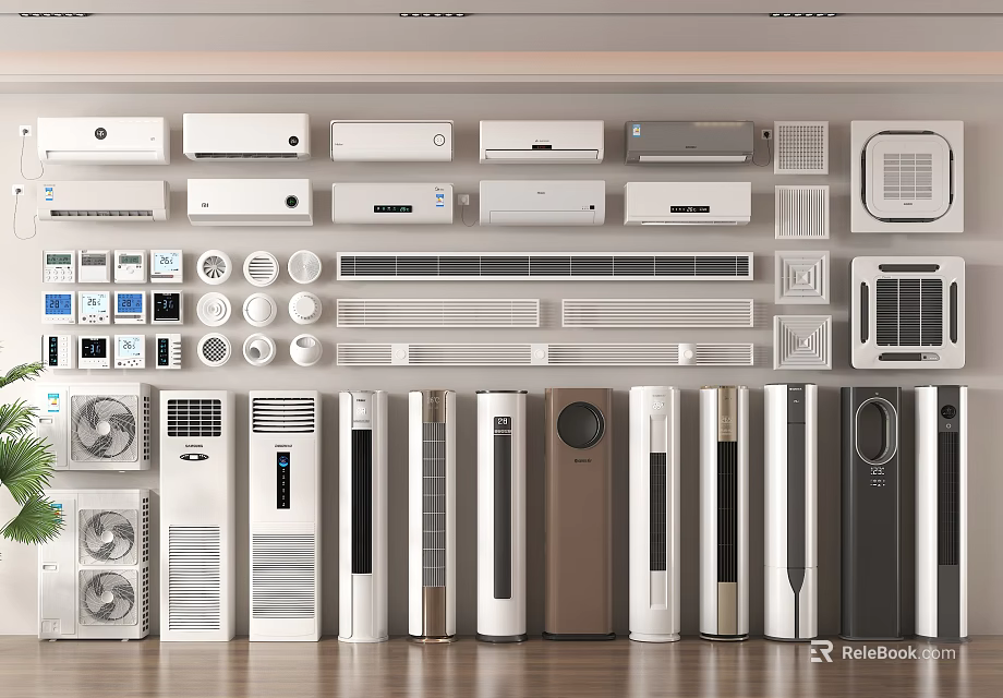 Various Styles of Air Conditioners and Fans Including Wall Mounted and Standing Types 3d model 