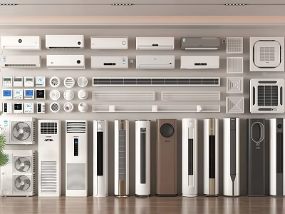 Various Styles of Air Conditioners and Fans Including Wall Mounted and Standing Types 3d model
