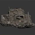Natural Cave Interior With Rocky Walls Stone Table Dry Grass And Scattered Stones