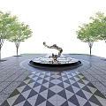 Outdoor Water Fountain With Bronze Sculpture Tree Surroundings And Patterned Paving