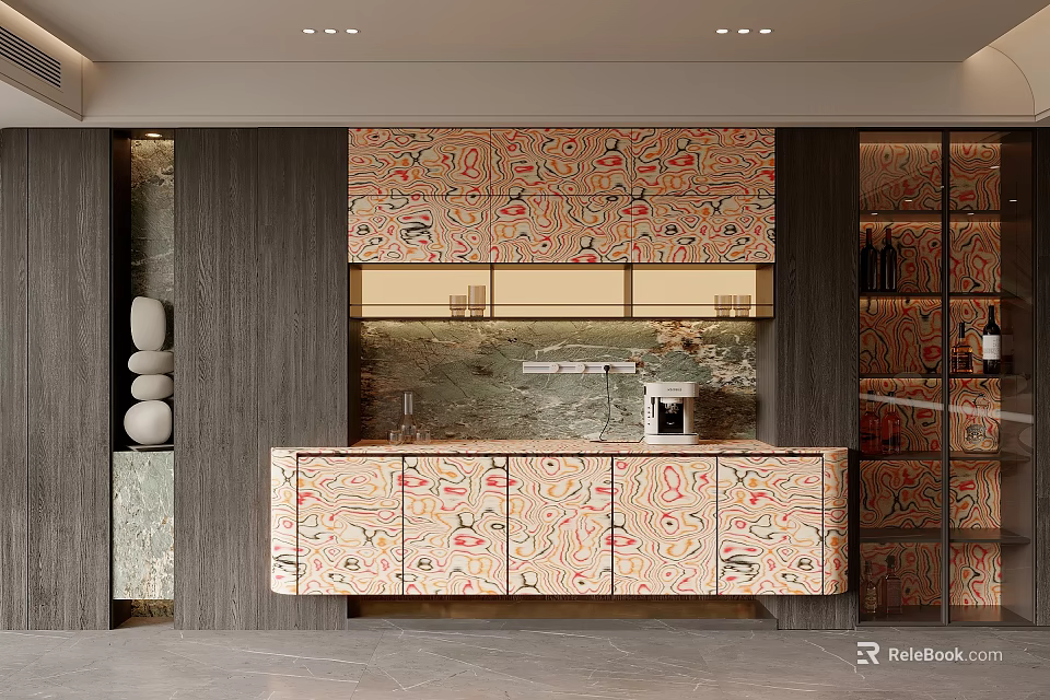 Stylish Modern Wine Cabinet Featuring Colorful Floral Patterned Doors And Built in Lighting 3d model 